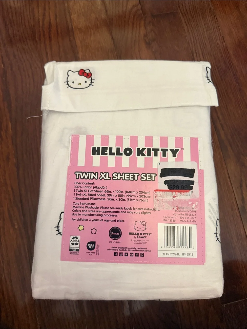 Hello Kitty White Twin XL Cotton Sheet Set with Pink Accents